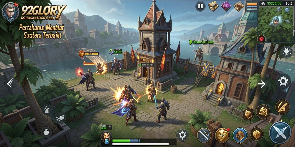 Tampilan gameplay seru di 92GLORY dengan berbagai menara pertahanan.