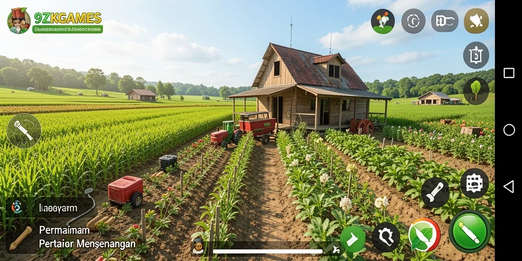Gameplay 9ZKGAMES yang menampilkan pengelolaan ladang yang dinamis.