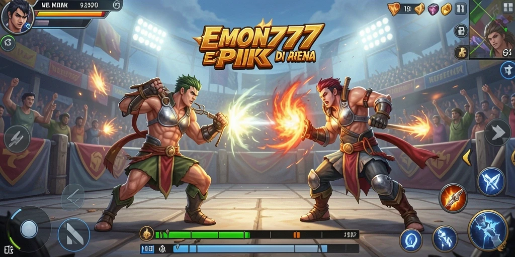 Screenshot gameplay EMON777 menampilkan pertarungan intens dan karakter unik.