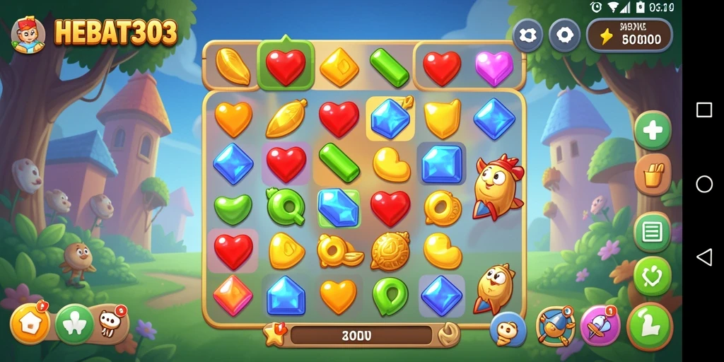 Tampilan gameplay seru HEBAT303 dengan tantangan Match-3 yang menarik.