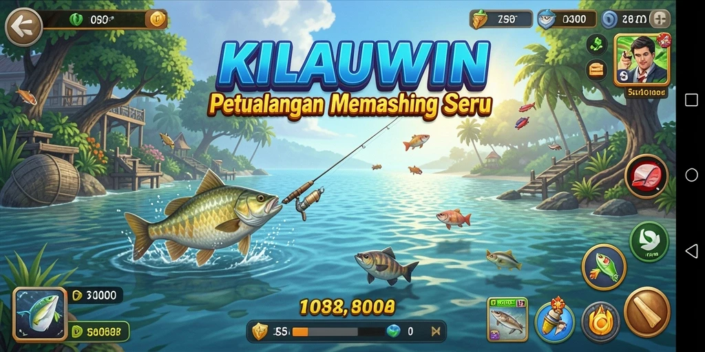 Tampilan gameplay KILAUWIN dengan pemancing yang fokus menangkap ikan.