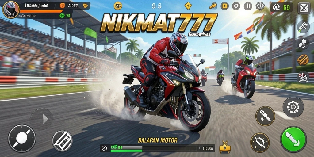 Screenshot dari gameplay NIKMAT777 yang menunjukkan balapan motor yang mendebarkan.