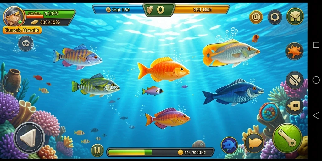 Tampilan gameplay QQRP yang seru dengan berbagai jenis ikan.