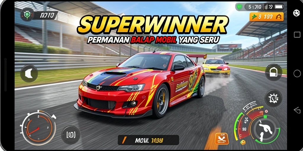 Tampilan menarik dari gameplay balap SUPERWINNER yang mendebarkan.