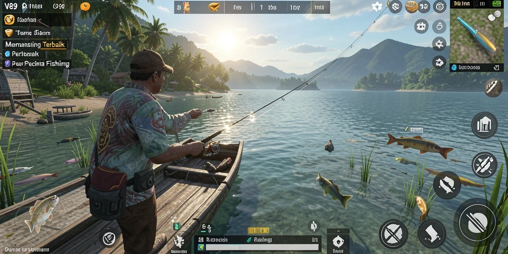 Screenshot menunjukkan pemain menangkap ikan besar dengan latar belakang pemandangan laut yang indah.