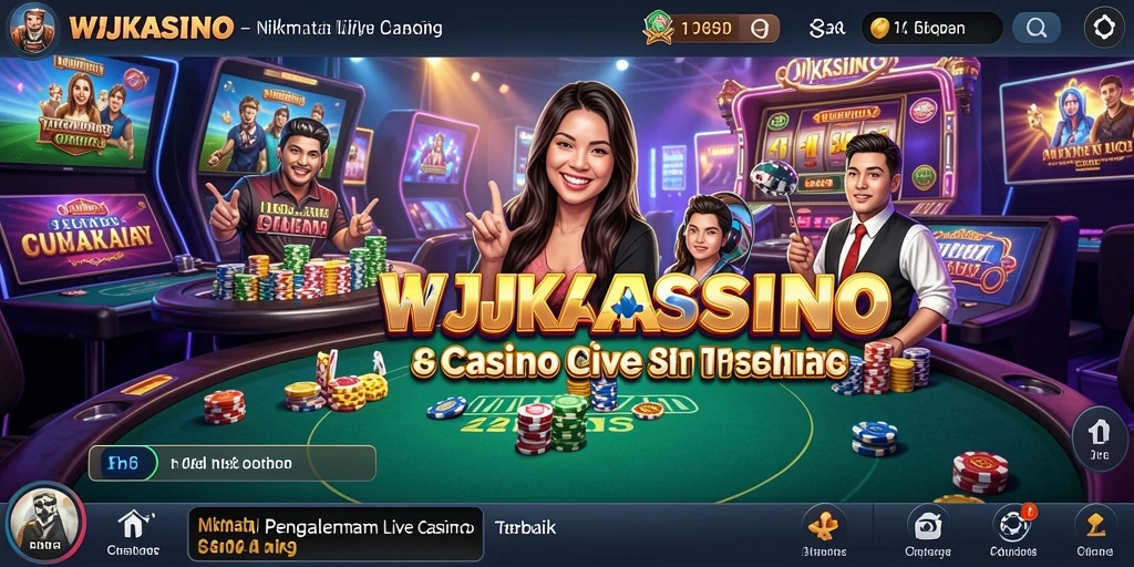 Screenshot WJKASINO menampilkan dealer cantik dan permainan live casino yang mendebarkan.
